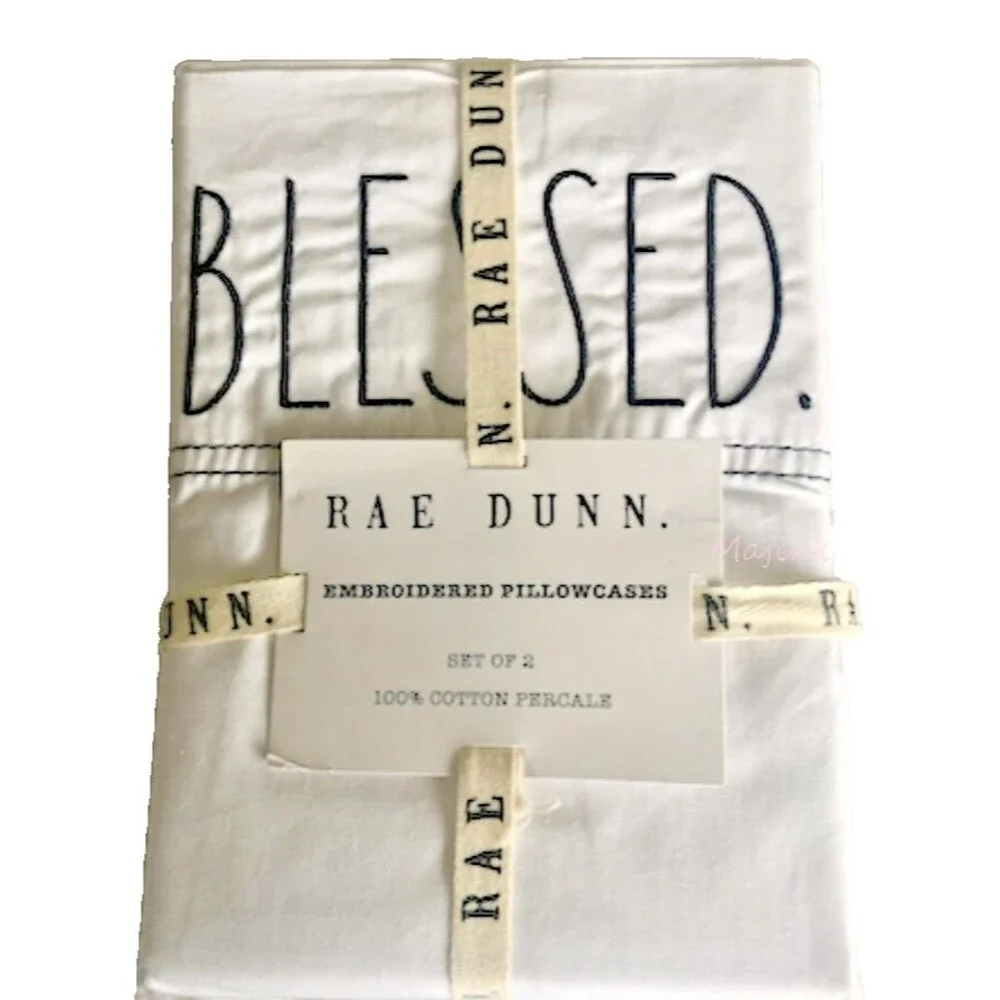 Rae Dunn Blessed Pillowcases Set of 2 Embroidered Standard White Cotton Percale